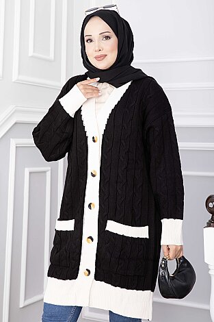 Çift Renk Saç Örgü Triko Hırka Siyah - 2