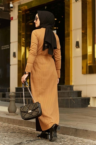Çift Renk Triko Elbise 2169-3 Camel-Siyah - Thumbnail
