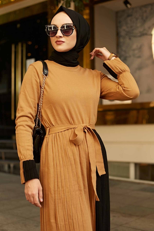 Çift Renk Triko Elbise 2169-3 Camel-Siyah