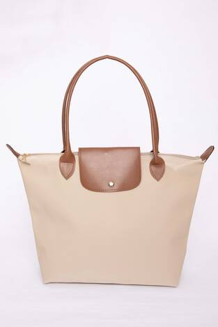 Çift Renkli Deri Kapaklı El & Omuz Çantası Bej - Thumbnail