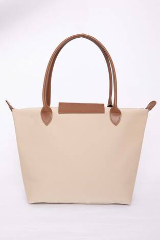 Çift Renkli Deri Kapaklı El & Omuz Çantası Bej - Thumbnail