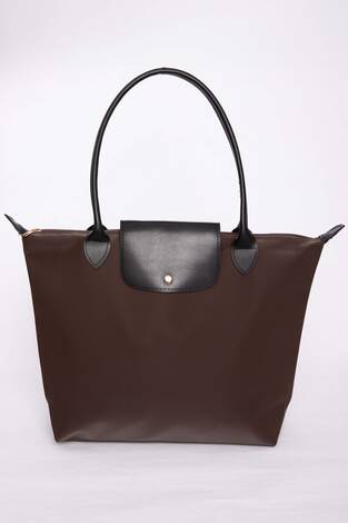 Çift Renkli Deri Kapaklı El & Omuz Çantası Kahve - Thumbnail