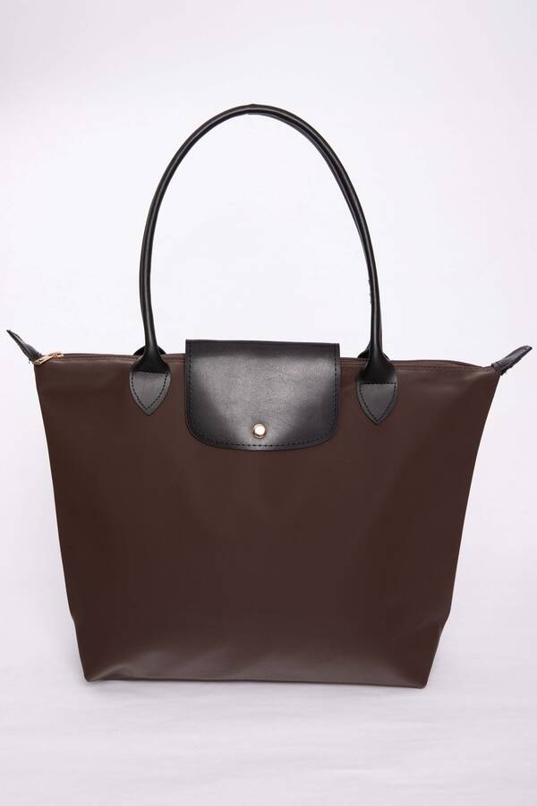 Dmç - Çift Renkli Deri Kapaklı El & Omuz Çantası Kahve