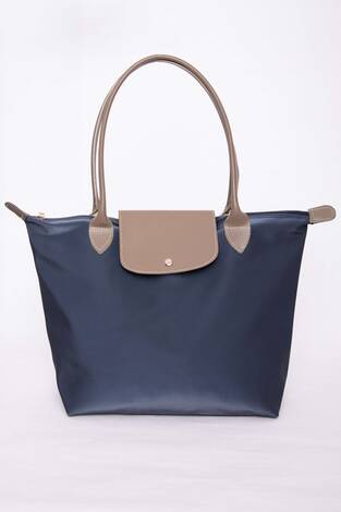 Çift Renkli Deri Kapaklı El & Omuz Çantası Lacivert - Thumbnail