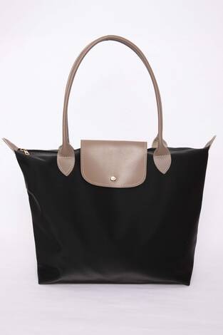 Çift Renkli Deri Kapaklı El & Omuz Çantası Siyah