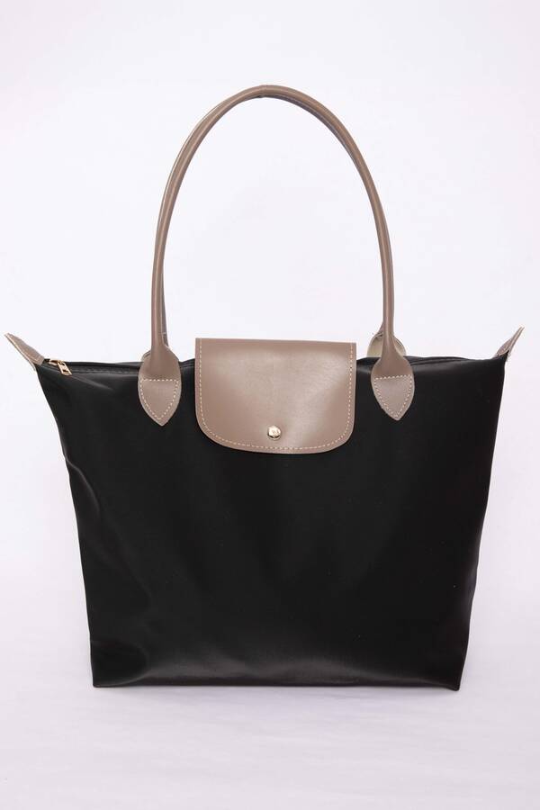 Dmç - Çift Renkli Deri Kapaklı El & Omuz Çantası Siyah