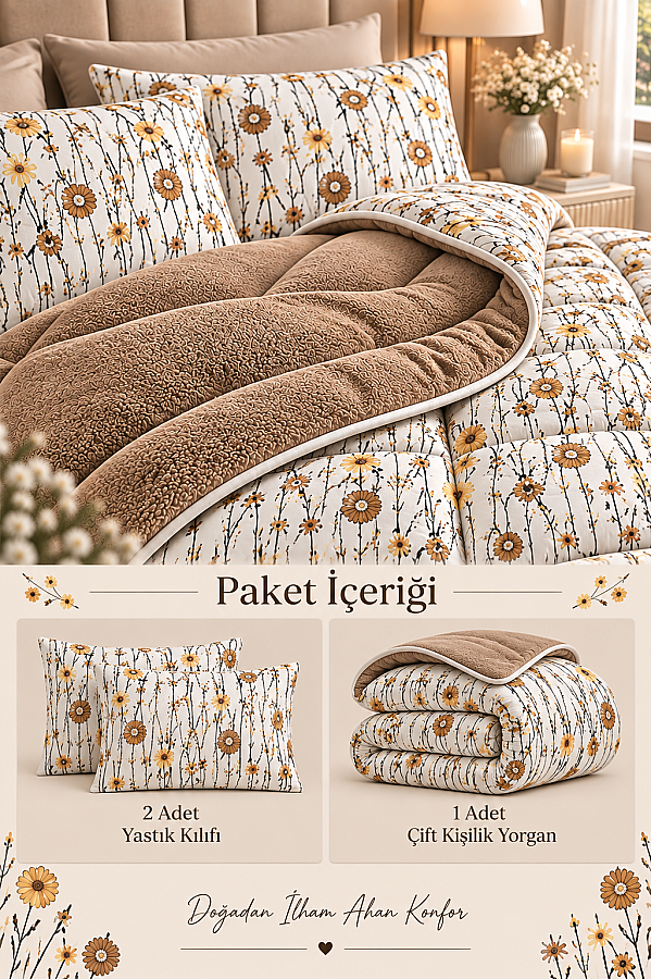 Çift Taraflı Çift Kişilik Yorgan Seti Ekru - 3