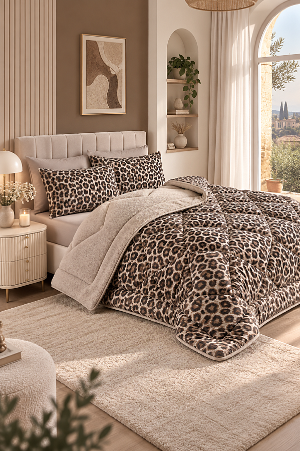 Çift Taraflı Çift Kişilik Yorgan Seti Leopar - 1
