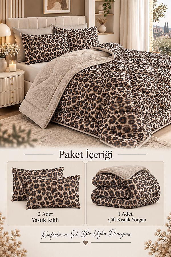 Çift Taraflı Çift Kişilik Yorgan Seti Leopar - 3