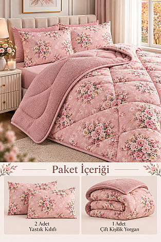 Çift Taraflı Çift Kişilik Yorgan Seti Pembe - 3