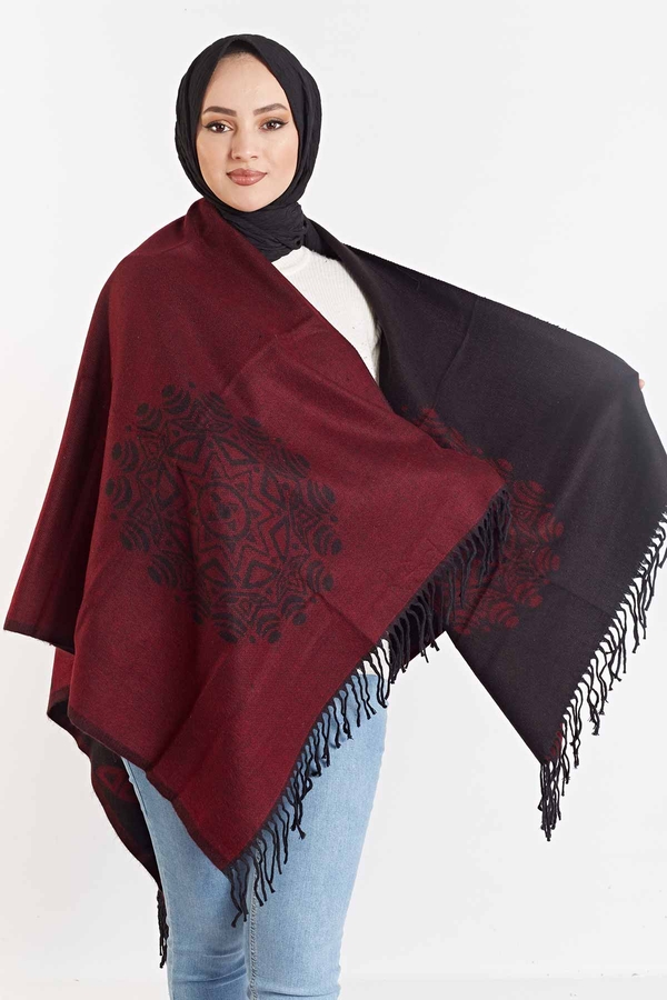  - Çift Taraflı Desenli Panço 190E7329 Bordo (1)
