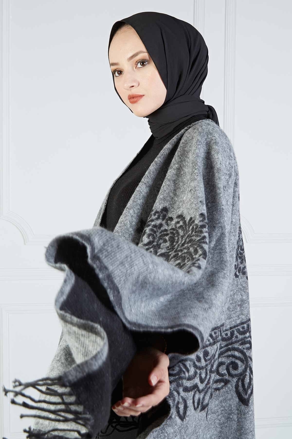  - Çift Taraflı Desenli Panço 190E7329 Gri (1)