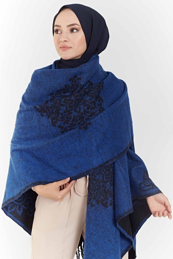  - Çift TaraflıDesenli Panço 190E7329 Saks (1)