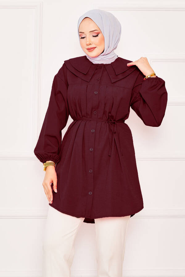 Çift Yakalı Beli Bağcıklı Tesettür Gömlek Bordo - 3