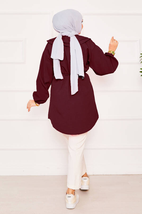 Çift Yakalı Beli Bağcıklı Tesettür Gömlek Bordo - 5