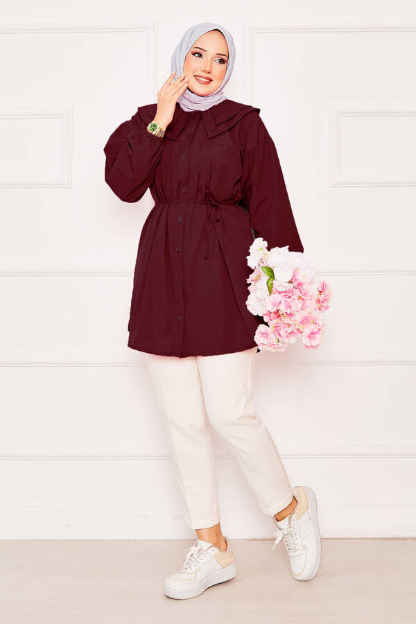 Çift Yakalı Beli Bağcıklı Tesettür Gömlek Bordo - 4