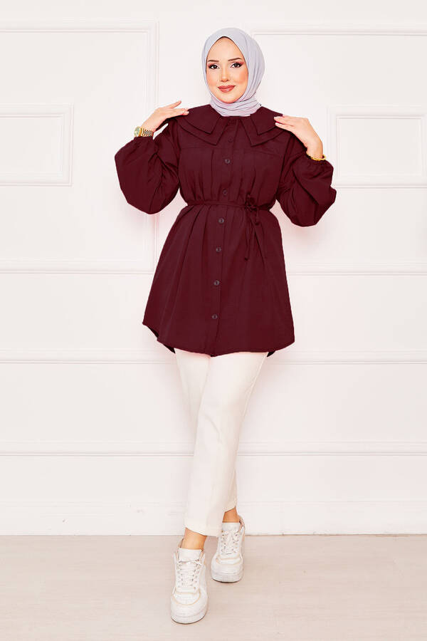 Çift Yakalı Beli Bağcıklı Tesettür Gömlek Bordo Çift Yakalı Beli Bağcıklı Tesettür Gömlek Bordo