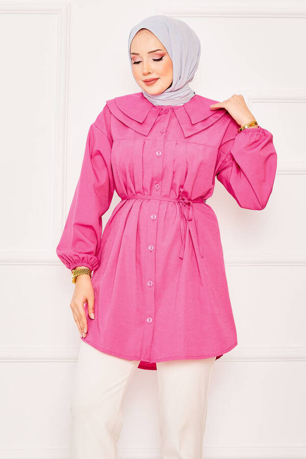 Çift Yakalı Beli Bağcıklı Tesettür Gömlek Fuşya - 3