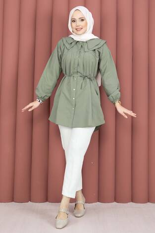 Çift Yakalı Beli Bağcıklı Tesettür Gömlek Haki - Thumbnail