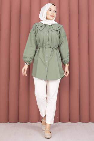 Çift Yakalı Beli Bağcıklı Tesettür Gömlek Haki - Thumbnail
