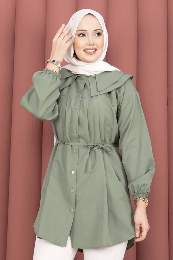 Asm - Çift Yakalı Beli Bağcıklı Tesettür Gömlek Haki (1)