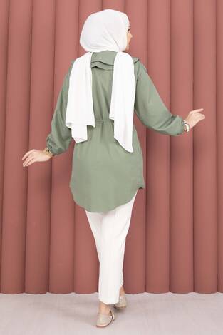 Çift Yakalı Beli Bağcıklı Tesettür Gömlek Haki - Thumbnail