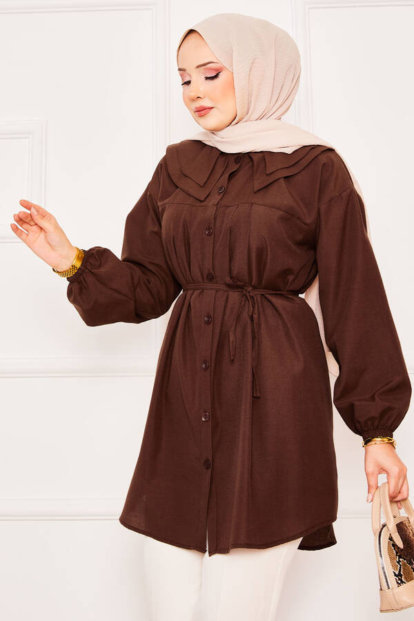Çift Yakalı Beli Bağcıklı Tesettür Gömlek Kahve - 3