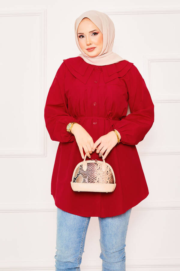 Çift Yakalı Beli Bağcıklı Tesettür Gömlek Kırmızı - 3