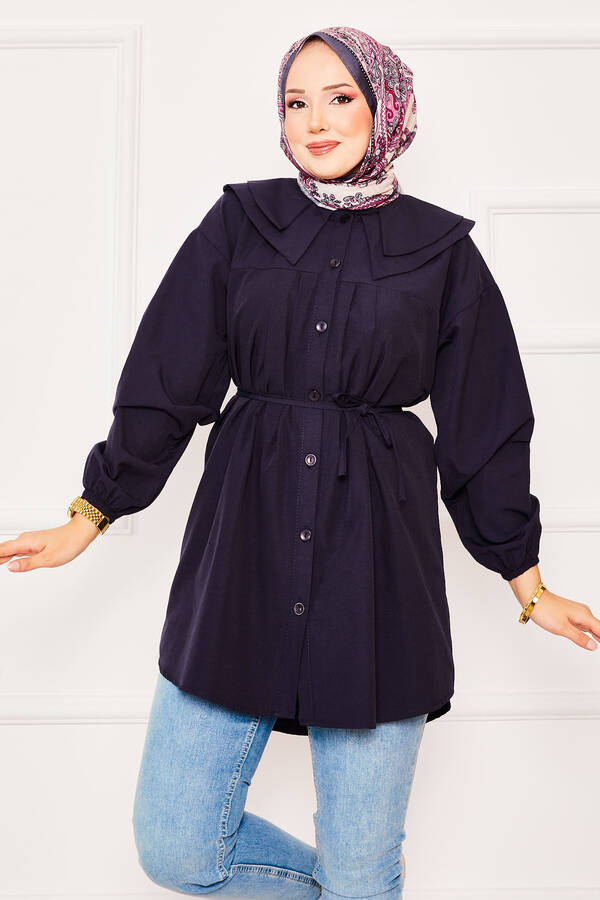 Çift Yakalı Beli Bağcıklı Tesettür Gömlek Lacivert - 3