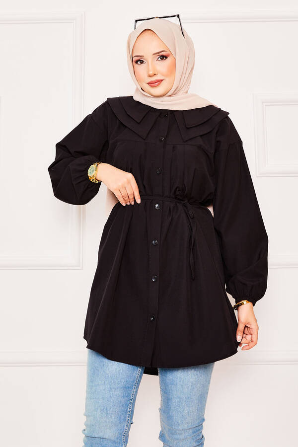 Çift Yakalı Beli Bağcıklı Tesettür Gömlek Siyah - 3