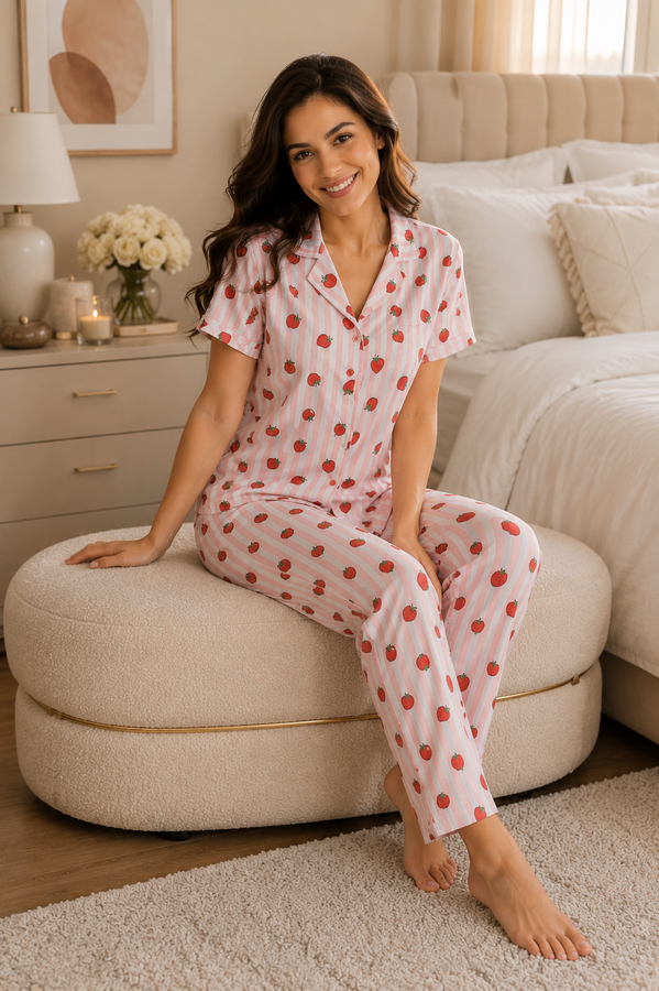 Fms - Çilek Desen Düğmeli Pijama Takımı Pembe
