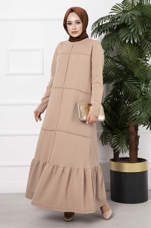 Çıma Detaylı Elbise Bej - Thumbnail