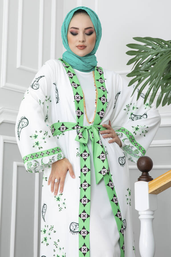 Çini Desenli Tesettür Kimono Yeşil