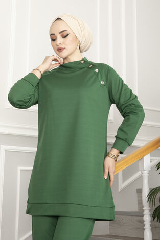 Çıt Çıt Detaylı Tesettür Takım Yeşil - Thumbnail