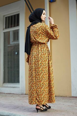Çıtır Desen Anne Tesettür Elbise 100MD-7205 Hardal - Thumbnail