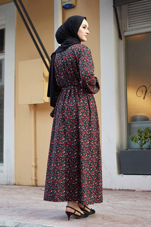 Çıtır Desen Anne Tesettür Elbise 100MD-7205 Siyah