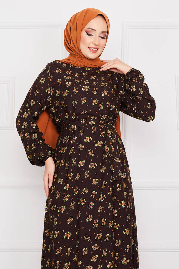 Nz - Çıtır Desen Eteği Fırfırlı Viskon Elbise Kahve (1)