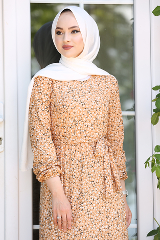Çıtır Desenli Elbise 180SB-9292 Hardal - Thumbnail