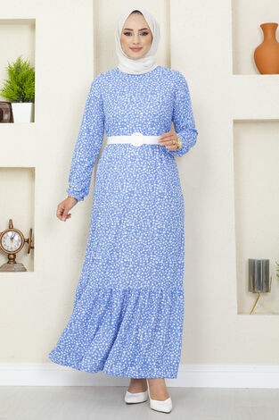 Çıtır Desenli Pegasus Tesettür Elbise Mavi - Thumbnail