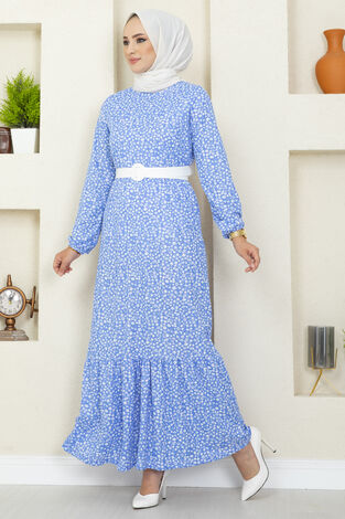 Çıtır Desenli Pegasus Tesettür Elbise Mavi - Thumbnail
