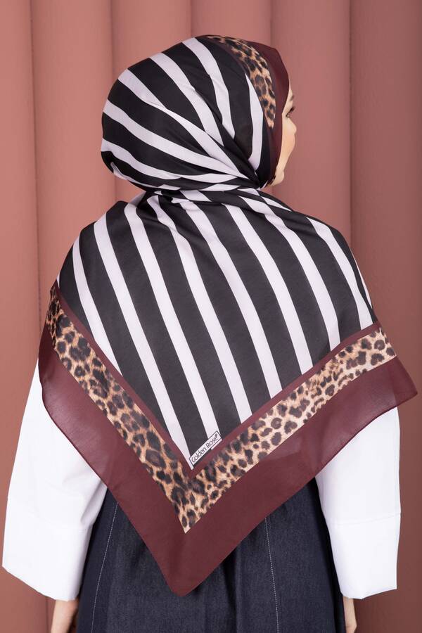 Çizgi Desen Leopar Şal Serisi Bordo - 3