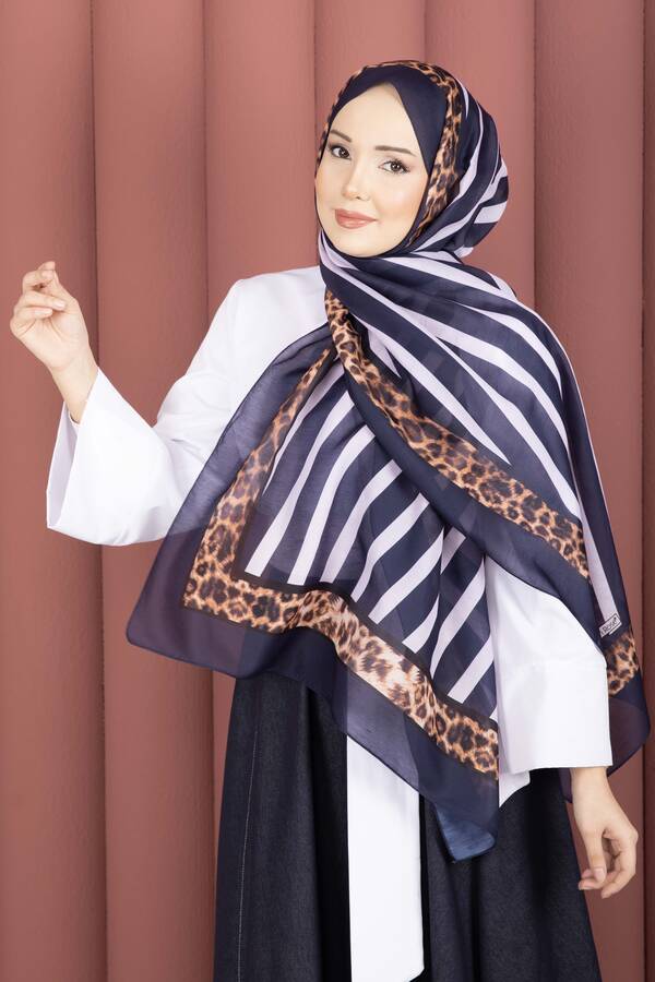 Ecn - Çizgi Desen Leopar Şal Serisi Lacivert (1)