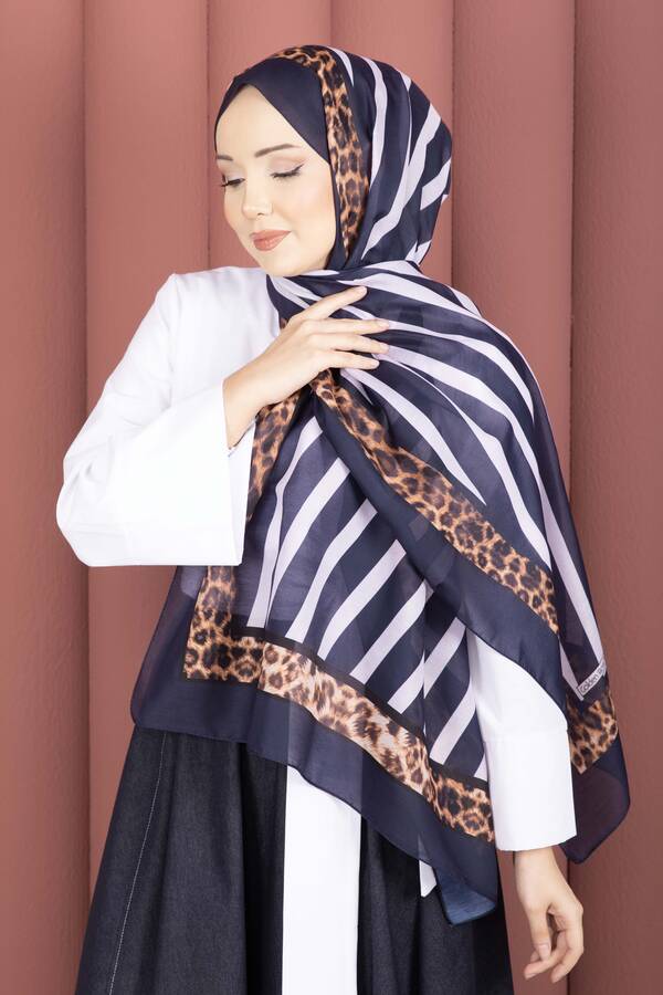 Ecn - Çizgi Desen Leopar Şal Serisi Lacivert
