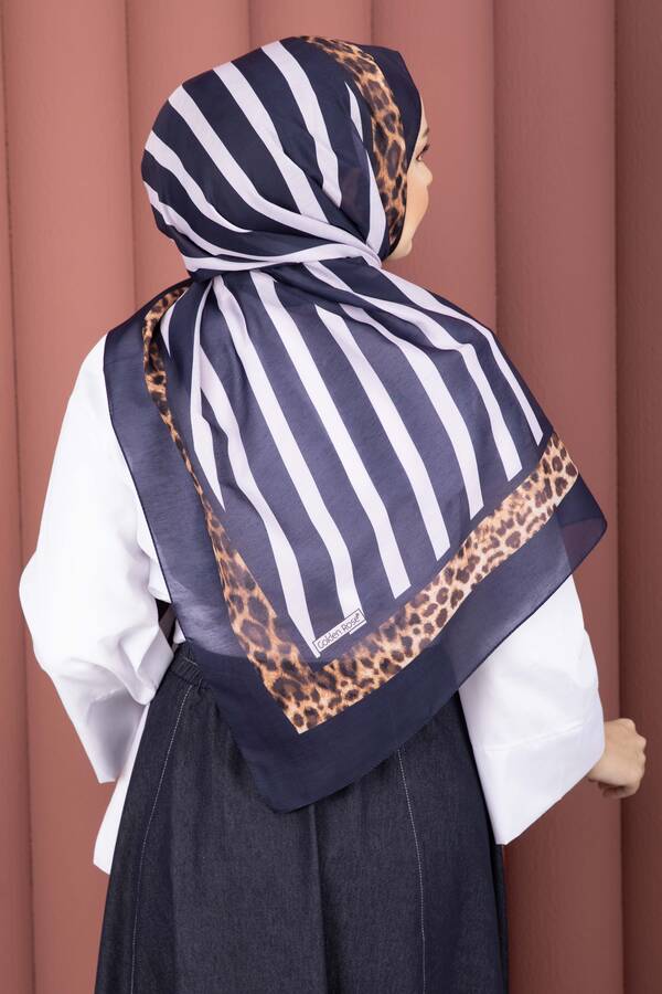 Çizgi Desen Leopar Şal Serisi Lacivert - 3