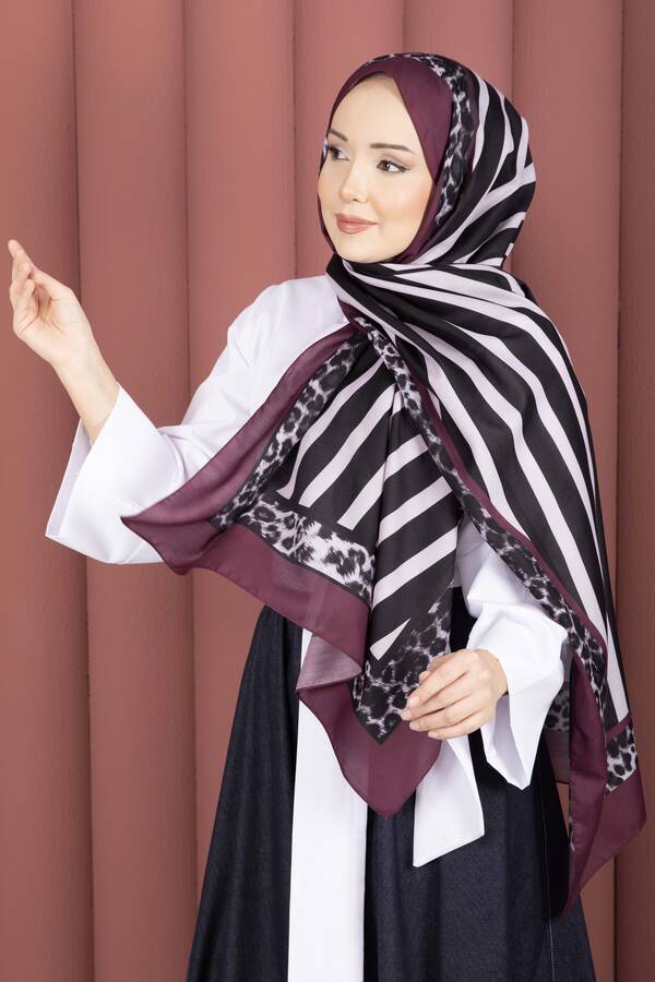 Ecn - Çizgi Desen Leopar Şal Serisi Şarabi