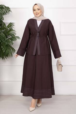 Çizgi Garnili Ceket Etek Takım Bordo