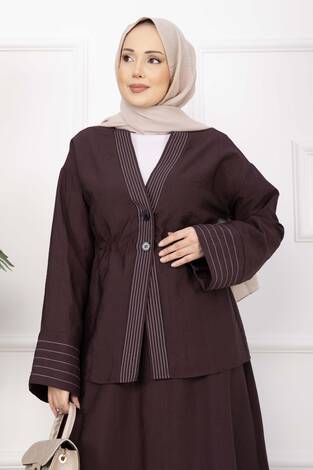Çizgi Garnili Ceket Etek Takım Bordo - Thumbnail