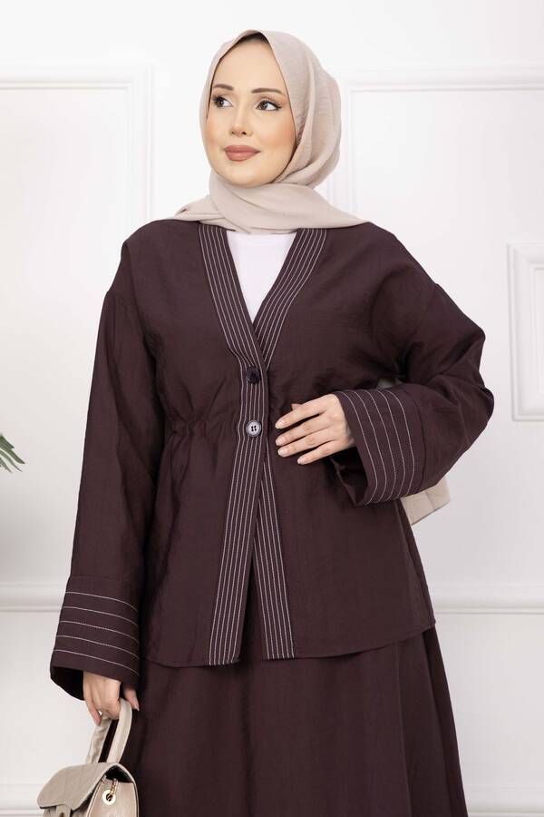Efl - Çizgi Garnili Ceket Etek Takım Bordo (1)