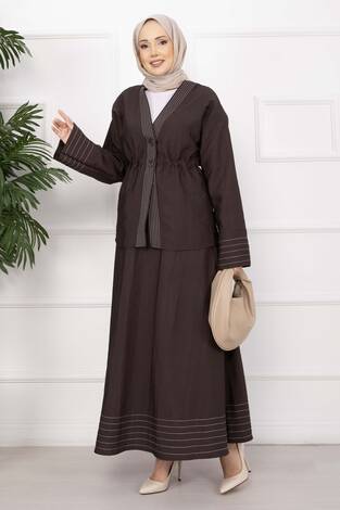 Çizgi Garnili Ceket Etek Takım Kahve - Thumbnail