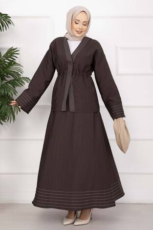 Çizgi Garnili Ceket Etek Takım Kahve - Thumbnail